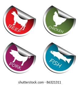 Four colorful stickers with beef, chicken, pork and fish symbols on each sticker. Meat stickers with animal silhouettes