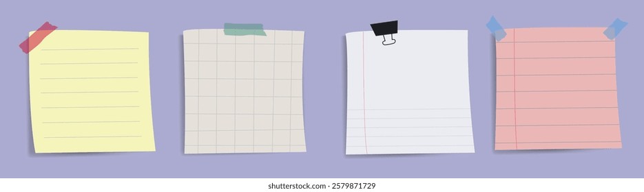 Four colorful sticky notes: yellow, grid, plain, and pink. Sticky notes with tape and clips. Notes for reminders and messages. Sticky notes on a purple background. Cute memo vector illustration set.