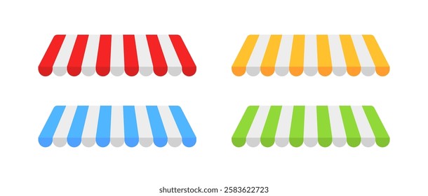 Four colorful striped awnings on white background: red, yellow, blue, green. Vector icon