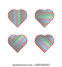 Four Colorful Striped Hearts with Red Outlines.