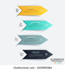 Four colorful stripes or pointers placed one below other with linear icons and place for text inside. Concept of plan with 4 strategic steps. Modern infographic design template. Vector illustration.
