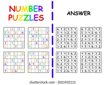 Four colorful sudoku set with answer vector illustration. Funny educational number game for kids. Complete puzzles 6 by 6 with numbers 1-6