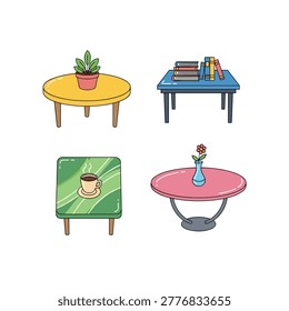 Four colorful tables are shown with a potted plant, stacked books, a steaming coffee cup, and a flower in a vase on a white background.