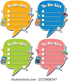 Quatro listas de tarefas coloridas com ícones