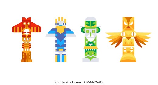 Four colorful totem poles are standing on a white background, representing the rich history and traditions of native american culture