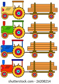 Four colorful toy tractors with a trailer