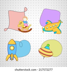 Four colorful toys  with stylish frame on seamless background.