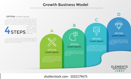 Four colorful translucent arch-like elements with thin line icons and place for text inside. Concept of 4 successive steps of business development. Infographic design template. Vector illustration.