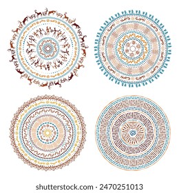 Four colorful tribal styles mandalas on a white background. Prehistorical style round patterns.