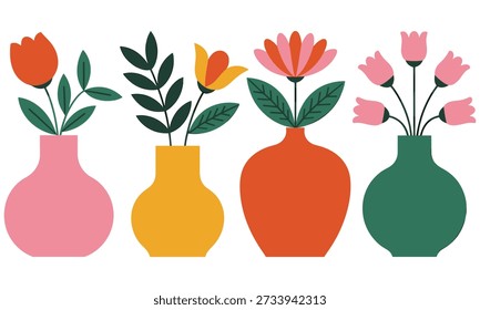 Four colorful vases filled with various flowers including tulips and leaves create a simple yet elegant floral arrangement symbolizing beauty and creativity in this vibrant illustration.