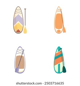 Cuatro Ilustraciones vectoriales coloridas de kayaks del estilo de la historieta con las paletas, aisladas en un fondo blanco