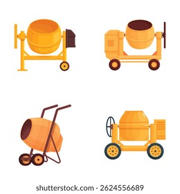 Four colorful, vector illustrations of concrete mixers in various designs suitable for construction themes