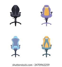 Four colorful vector illustrations of empty ergonomic office chairs on a white background