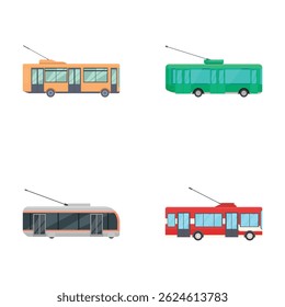 Four colorful vector illustrations of modern trolleybuses, suitable for urban transport themes