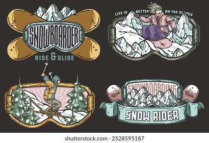 Four colorful vintage emblems with snowboarder and skier riding on a snowy mountain slope inside ski goggles, perfect for winter sports advertisement
