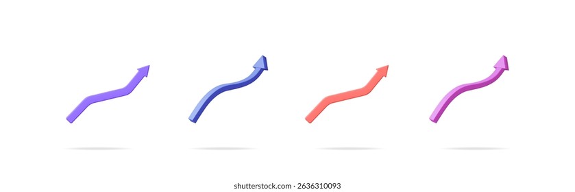 Four colorful wavy arrows pointing upward. 3d vector up arrows for business growth, financial success, and marketing concept.