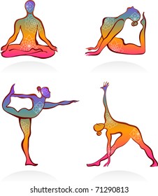 Four colorful yoga postures outlines