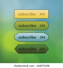 Four colorfully buttons for website or presentation. Simple beveled buttons. Plastic buttons for subscribing or registration. Four different shapes and colors.