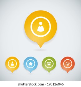 Four colorfully map pointers with four basic icons. Modern design pins.