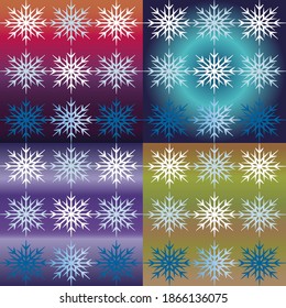 Patrón de gradiente de cuatro colores con copos de nieve. Patrones nórdicos de glamour azul invernal, Escandinavia navideño para vacaciones de invierno