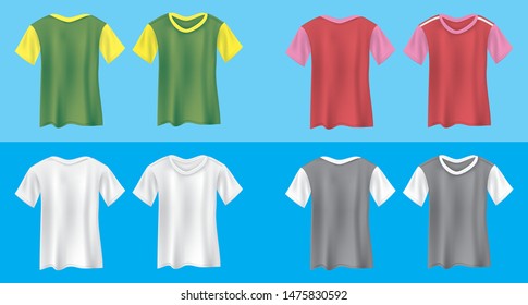 Four colors of men's T shirts front and back in vector illustration