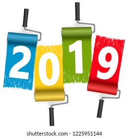 four colors paint roller concept for New Year 2019