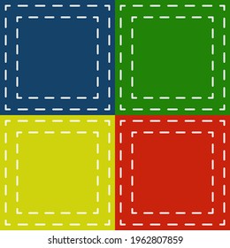 Vier Farbquadrate und gestrichelte Patches. Grüne, blaue, gelbe und rote Fliese.