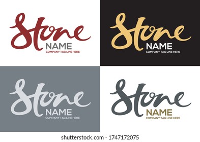 Four colour variations of a logo featuring the the word 'Stone' as hand lettered text with placeholder text areas for customisation