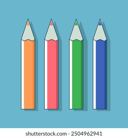 Four coloured pencils on a blue isaline background. Orange and red, green and blue. For school and drawing