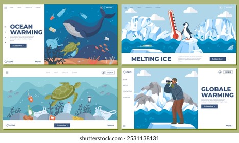 Four colourful images show ocean creatures affected by pollution, melting ice threatening penguins, sea turtles amidst trash, and a man observing global warming. Ideal for climate change