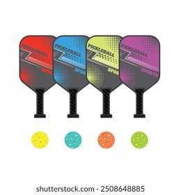 Quatro colorida pickleball paddles e bolas isoladas no fundo branco