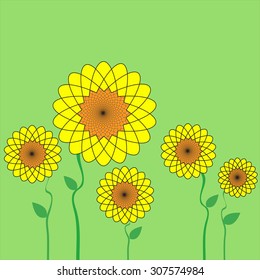Four colourful sunflowers print. Floral pattern. Flowers in the field.