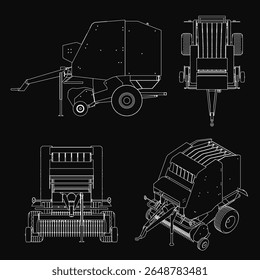 Quatro colhedoras combinam em estilo blueprint exibem faróis detalhados, grades e rodas contra um fundo preto. Os contornos brancos criam um contraste impressionante.