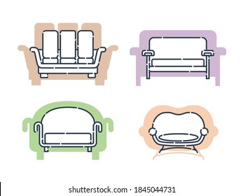 Four comfortable sofa with pillows. Flat illustration with settee on shape background. Modern stylish object for relaxation. Set images of couch in line art style. Element furniture of the interior.