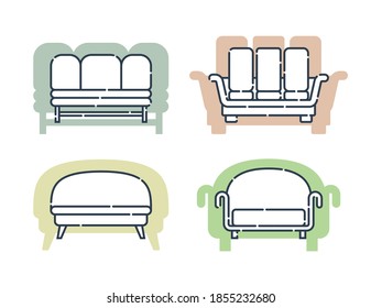 Four comfortable sofa with pillows. Flat illustration with settee on shape background. Modern stylish object for relaxation. Set images of couch in line art style. Element furniture of the interior.