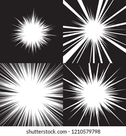 Four comic backgrounds. Radial speed lines. Black and white vector illustration