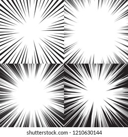 Four comic backgrounds. Radial speed lines. Black and white vector illustration