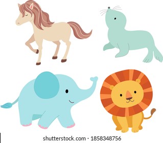 Cuatro animales comunes en el circo, caballos, elefantes, leones y focas