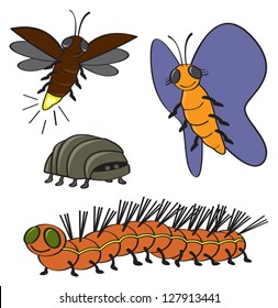 Four common backyard garden bugs drawn in a cartoon style.