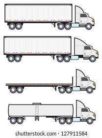 Four common types of American big rigs or eighteen wheeler tractor trailers.