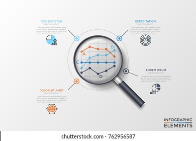 Four compared linear diagrams or graphs seen through magnifier, thin line symbols and text boxes. Concept of statistical analysis and comparison. Vector illustration for presentation, brochure.