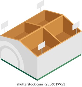 Four compartment empty product display box featuring blank price tags, perfect for showcasing retail merchandise in an isometric view, enhancing visual merchandising and branding efforts