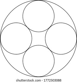 Four complete Circle inside a large circle and sides of the circles are touching each other making geometric shape, vintage line drawing or engraving illustration.