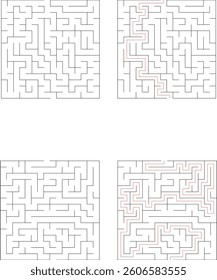 Four Complex Square Mazes Puzzles, Paths, Challenges, Solutions, Games