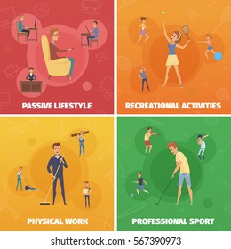 Four compositions set with active lifestyle images of human characters doing sport physical and leisure activities vector illustration