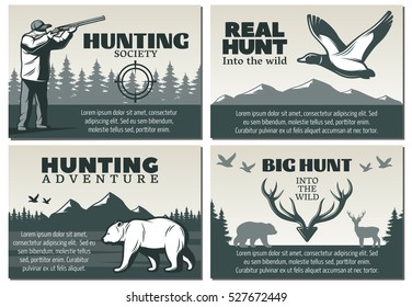 Four compositions set with hunting emblem designs wild birds animals and hunter silhouettes and editable text vector illustration