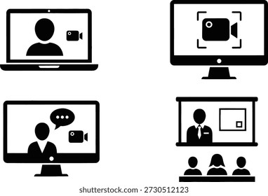 Four computer monitors displaying various video conferencing and online meeting scenarios