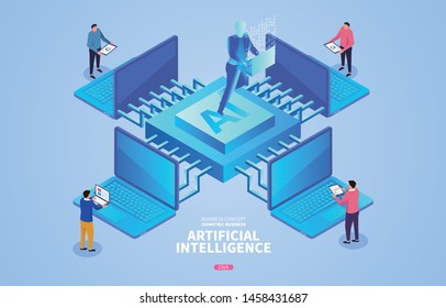 Four computers work together with artificial intelligence devices