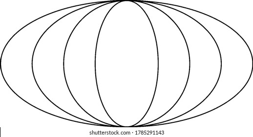 Four Concentric Ellipses the major axis is greater than minor axis for outer two ellipses, equal for the third ellipse, and for the inner most ellipse axis are interchanged, vintage line drawing