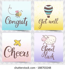 Four concept cards stickers in cartoon style. Bee, balloon, bird and sheep with stylish text in vector